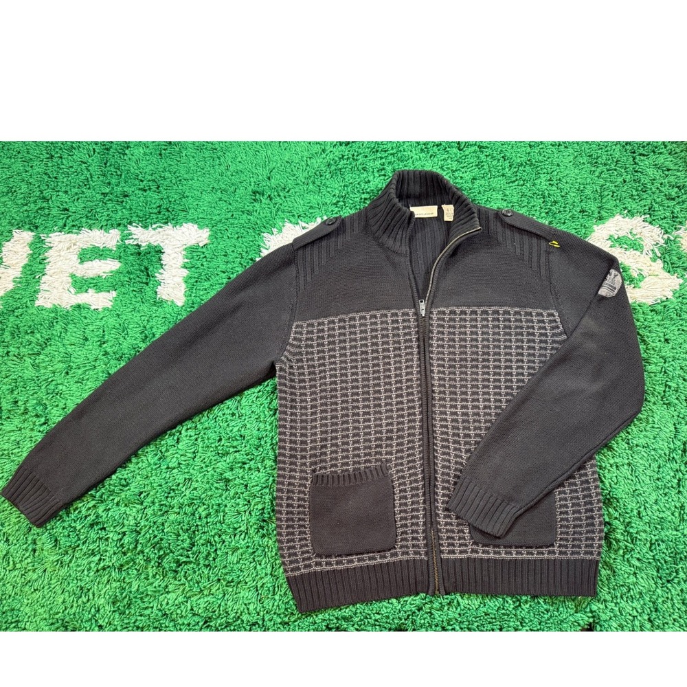 DKNY Jeans Full Zip Sweater Mens L Black Excellent Textured Knit Epaulets
